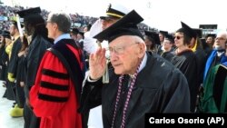 FILE - World War II veteran Bob Barger received his associate's degree from the University of Toledo at the age of 96 on May 5, 2018. (AP Photo/Carlos Osorio)