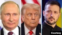 从左至右，俄罗斯总统普京、美国总统特朗普和乌克兰总统泽连斯基。