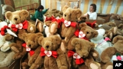 Valentine teddy bears await final preparation and shipping at the Vermont Teddy Bear Co. in Shelburne, Vermont 
