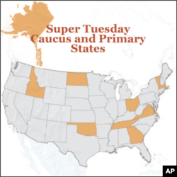 U.S. states participating in Super Tuesday primaries include Vermont , Virginia, Oklahoma, Tennessee, Ohio, Oklahoma, North Dakota, Alaska, Massachusetts, Georgia and Idaho