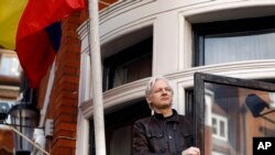 Julian Assange, fundador de WikiLeaks saluda a partidarios desde la embajada de Ecuador en Londres, donde está refugiado desde mediados de 2012. El presidente de Ecuador, Lenín Moreno acusó a WikiLeaks de espiarlo.