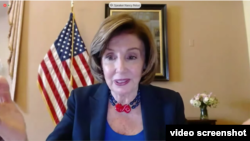眾議院議長佩洛西通過視頻連線參加一場有關中國人權與北京冬奧會問題的兩黨聽證會。 (2021年5月18日)
