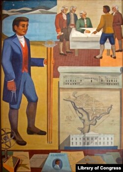 Ixtirochilar... Vashingtonda yirik bino devoridagi tasvir.