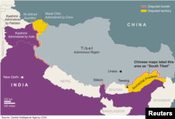 Map shows border disputes between China and India.