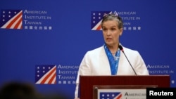 FILE PHOTO: FILE PHOTO: AIT Director Sandra Oudkirk speaks in Taipei