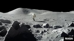 The surface of the moon is covered with craters and rocks that create a surface “roughness” that casts shadows, as seen in this photograph from NASA’s 1972 Apollo 17 mission. These cold shadows may permit water ice to accumulate as frost even at daytime. 