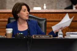 Sen. Amy Klobuchar, D-Minn., speaks during a Senate Judiciary Committee hearing on Capitol Hill in Washington, Sept. 30, 2020, to examine the FBI's Crossfire Hurricane investigation.