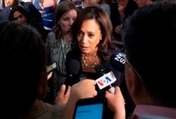 Democratic presidential hopeful US Senator for California Kamala Harris speaks to the press in the Spin Room after the second Democratic primary debate of the 2020 presidential campaign.