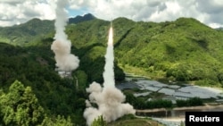 China's People's Liberation Army (PLA) conducts conventional missile tests into the waters off the eastern coast of Taiwan, from an undisclosed location in this handout released on August 4, 2022. (Eastern Theatre Command/Handout via REUTERS)