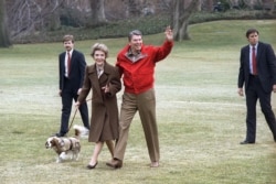 Rais Ronald Reagan, mkewe na mbwa wao wakiwasili White House.