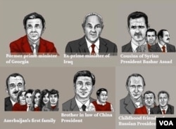 រូបភាព​នៃ​មេដឹកនាំ​ប្រទេស​មួយ​ចំនួន​នៅ​ក្នុង​ពិភពលោក ដែល​មាន​ជាប់​ពាក់ព័ន្ធ​នឹង​ការ​បែក​ធ្លាច​ឯកសារ​សម្ងាត់ panama papers ដែល​បង្ហាញ​ពី​ការ​គេចវេសពី​ការ​បង់ពន្ធ។