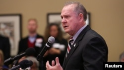 Judge Roy Moore speaks as he participates in the Mid-Alabama Republican Club's Veterans Day Program in Vestavia Hills, Alabama, Nov. 11, 2017. 