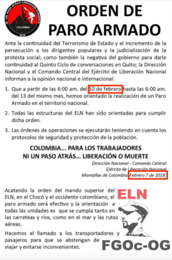 Orden del ELN que circuló online en el 2018