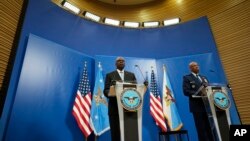 Пресконференція міністра оборони США Ллойда Остіна і голови Об’єднаного комітету начальників штабів США Чарльза Брауна, Брюссель, 13 червня 2024. AP Photo/Virginia Mayo