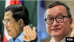 រូបឯកសារ៖ លោកនាយករដ្ឋ​មន្ត្រី ហ៊ុន សែន (ឆ្វេង) និង​លោក សម រង្ស៊ី (ស្តាំ) អតីត​ប្រធាន​គណបក្ស​សង្គ្រោះជាតិ។ (Reuters និង​ឡេង ឡែន/VOA)