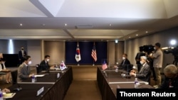 U.S. Special Representative for North Korea, Sung Kim meets with Noh Kyu-duk, South Korea's Special Representative for Korean Peninsula Peace and Security Affairs during their meeting at Plaza Hotel