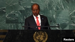 Rais wa Somalia Hassan Sheikh Mohamud akihutubia Kikao cha 77 cha Baraza Kuu la Umoja wa Mataifa kwenye Makao Makuu ya Umoja wa Mataifa mjini New York, Marekani, Septemba 22, 2022. REUTERS/Mike Sega.