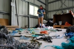 Jennifer Lynch, a research scientist at the National Institute of Standards and Technology and the co-director of Hawaii Pacific University's Center for Marine Debris Research, catalogs pieces of ghost nets on Wednesday, May 12, 2021 in Kaneohe, Hawaii.