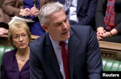 Britain's Secretary of State for Exiting the European Union Stephen Barclay speaks after the results of the vote on Brexit options in Parliament in London, March 27, 2019, in this screen grab taken from video.