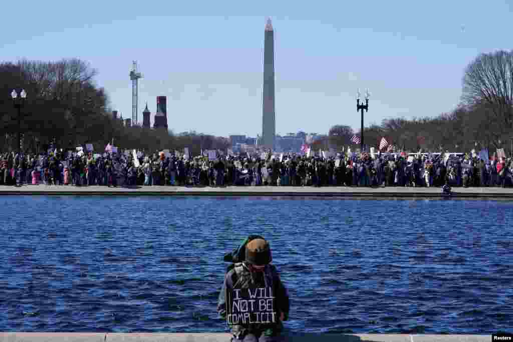Demonstrators gather on President's Day to protest against U.S. President Donald Trump's actions during his first weeks in office, in Washington.