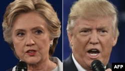 This combination of pictures created on October 09, 2016 shows Democratic presidential candidate Hillary Clinton and Republican presidential candidate Donald Trump during the second presidential debate at Washington University in St. Louis, Missouri.