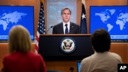 Secretary of State Antony Blinken speaks during a briefing at the State Department, August 2, 2021, in Washington. 