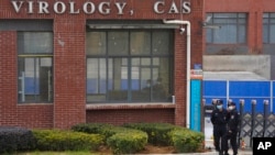 在世界衛生組織團隊來訪之際，安全人權站在武漢病毒研究所入口附近。(2021年2月3日)