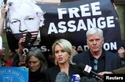 Kristinn Hrafnsson, editor in chief of Wikileaks, and barrister Jennifer Robinson talk to the media outside the Westminster Magistrates Court after WikiLeaks founder Julian Assange was arrested in London, April 11, 2019.