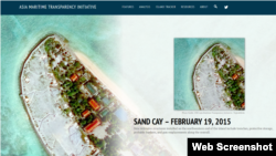 衛星圖片顯示越南對中國所稱的敦謙沙洲（越南稱山歌島，英語為Sand Cay）填海造地（圖片來源：CSIS網頁截屏）