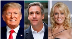 FILE - This combination photo shows, from left, President Donald Trump, attorney Michael Cohen and adult film actress Stormy Daniels.