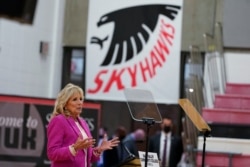 First lady Jill Biden speaks during a visit to Sauk Valley Community College, in Dixon, Ill., Monday, April 19, 2021. (AP Photo, Susan Walsh, Pool)