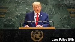 美国总统唐纳德·特朗普在纽约联合国总部举行的第80届联大上发表演讲。(2025年9月23日)