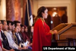 Ahlem Nasraoui of Tunisia speak during the Emerging Young Leaders Ceremony at the U.S. Department of State, April 20, 2016.