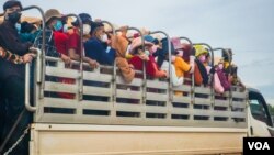 កម្មករ​រោងចក្រ ធ្វើដំណើរ​តាម​រថយន្ត​ដឹក​កម្មករ​ទៅ​ធ្វើការ​នៅ​តាម​រោងចក្រ នៅ​ខេត្ត​កំពង់ឆ្នាំង នា​អំឡុងពេល​មាន​ជំងឺ​រាតត្បាត​កូវីដ​១៩។ កម្មករ​ភាគច្រើន បាន​ពាក់ម៉ាស ​ក៏ប៉ុន្តែ​ពិបាក​រក្សា​គម្លាត​ពីគ្នា​។ ថត​នៅ​ខេត្ត​កំពង់ឆ្នាំង នៅ​ថ្ងៃទី​២៤ ខែកញ្ញា ឆ្នាំ២០២១។ (ខាន់ សុគុំមនោ/វីអូអេ)