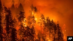 FILE - This photo provided by KATU-TV shows a wildfire as seen from near Stevenson, Washington, across the Columbia River, burning in the Columbia River Gorge above Cascade Locks, Oregon, Sept. 4, 2017.