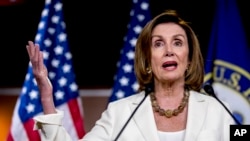 House Speaker Nancy Pelosi of Calif. meets with reporters on Capitol Hill in Washington, July 11, 2019. 