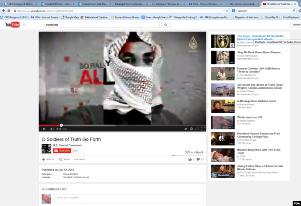 "Islomiy davlat" jangari guruhiga xayrixoh ekanini aytayotgan xakerlar Amerika Markaziy qo'mondonligining Twitter va YouTube sahifalariga hujum qildi. Saytlar tahdidli suratlar va ogohlantirishlarga to'lib ketgan. 12-yanvar, 2015-yil.