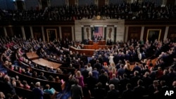 প্রেসিডেন্ট ট্রাম্পের ভাষণের সময় রিপাবলিকান দলের সদস্যরা (ডান দিকে) উঠে দাঁড়িয়ে হাততালি দেন, কিন্তু বিরোধী ডেমোক্র্যাটিক দলের সদস্যরা (বাঁ দিকে) অভিনন্দনে যোগ না দিয়ে বসে থাকেন। ফটোঃ ৪ মার্চ, ২০২৫।