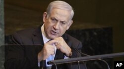 Le Premier ministre Benjamin Netanyahu donne un discours à la 66ème Assemblée générale de l'ONU, à New York, le 9 juillet 2012.