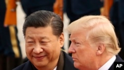 FILE - U.S. President Donald Trump and Chinese President Xi Jinping participate in a welcome ceremony at the Great Hall of the People in Beijing, China, Nov. 9, 2017.