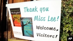 A sign welcomes book fans to Monroeville, Alabama, the hometown of "To Kill a Mockingbird" author Harper Lee, July 8, 2015.