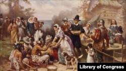 A painting by Jean Leon Gerome Ferris titled 'The First Thanksgiving' shows pilgrims and Native Americans gathering to share a meal.