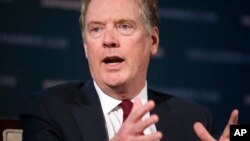 U.S. Trade Representative Robert Lighthizer speaks at the 9th China Business Conference at the U.S. Chamber of Commerce in Washington, May 1, 2018. Lighthizer is bringing a U.S. action in the World Trade Organization disputing tariffs put on American products.
