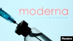 FILE PHOTO: Vial and sryinge are seen in front of displayed Moderna logo
