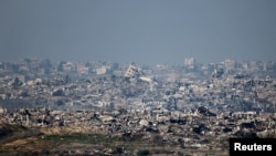 從以色列一側看到的加沙北部的建築物廢墟。 (2025年1月13日)