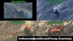 特朗普总统在真相社交上发布的有关恐怖分子的船只在海上被炸毁并被大火吞没的航拍视频截图。(拼贴图片由VOA制作)
