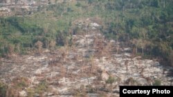 រូបឯកសារ៖ ទិដ្ឋភាព​ពី​លើ​ឧទ្ធម្ភាគចក្រ​បង្ហាញ​ពី​ការ​ខូចខាត​របស់​ព្រៃឡង់ ដោយ​សារ​សកម្មភាព​កាប់​ឈើ កាលពី​ថ្ងៃចន្ទ ទី១៨ ខែ​មេសា ឆ្នាំ២០១៦។ (រូបថត​ដក​ស្រង់​ចេញ​ទំព័រ​ហ្វេសប៊ុក​របស់​ស្ថានទូត​អាមេរិក) 