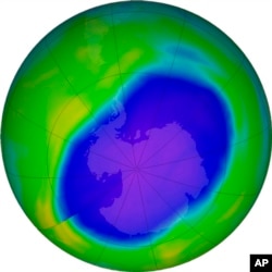 In this NASA false-color image, the blue and purple shows the hole in Earth's protective ozone layer over Antarctica on Oct. 5, 2022. (NASA via AP)