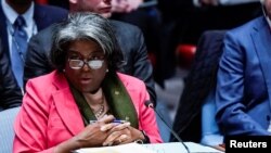 美国驻联合国大使琳达·托马斯·格林菲尔德（Linda Thomas-Greenfield）2022年10月5日在安理会上发言。（路透社）