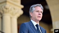 Secretary of State Antony Blinken answers questions during a news conference at Stanford University in Stanford, Calif., Oct. 17, 2022. 